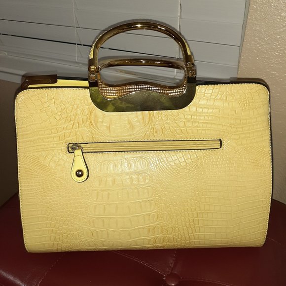 Yellow Structured Bag with Gold Trim Handle - Picture 3 of 8